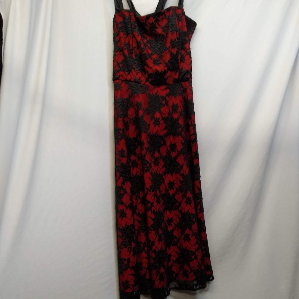 Red with black floral mesh dress
